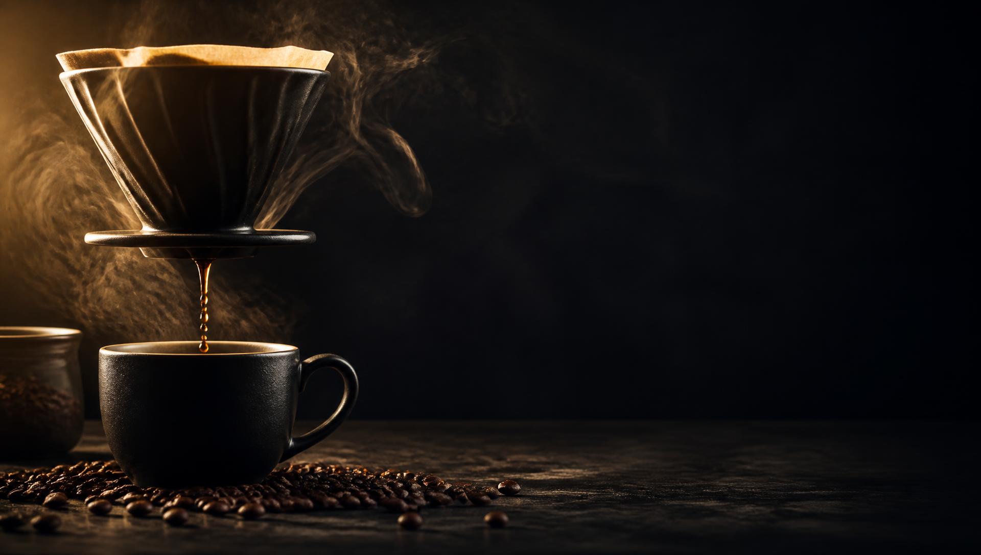 Coffee brewing into a black cup