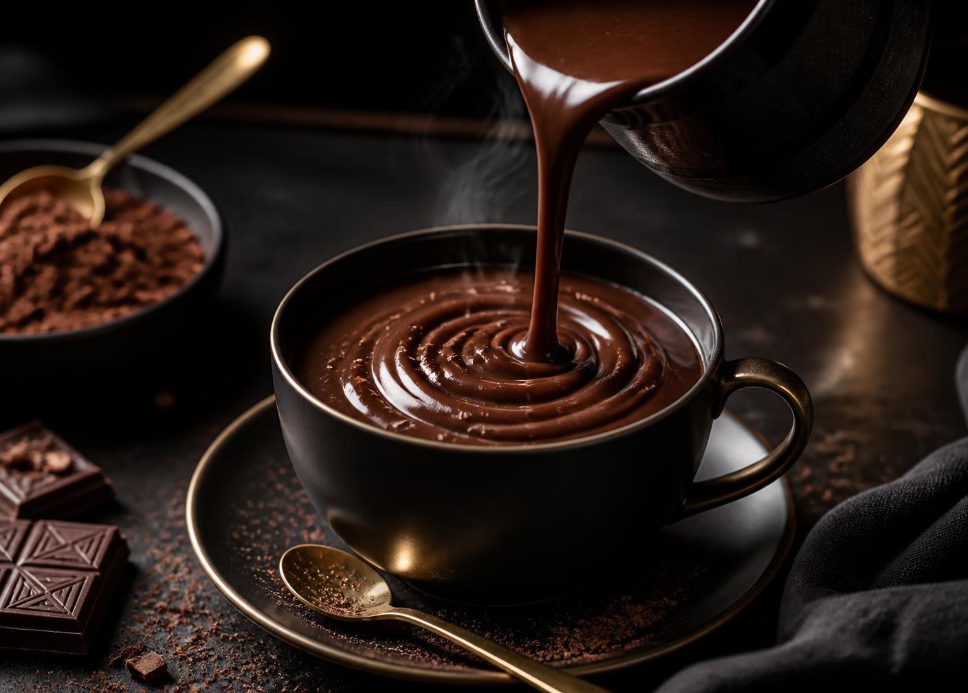 Dark hot chocolate poured into a matte black cup