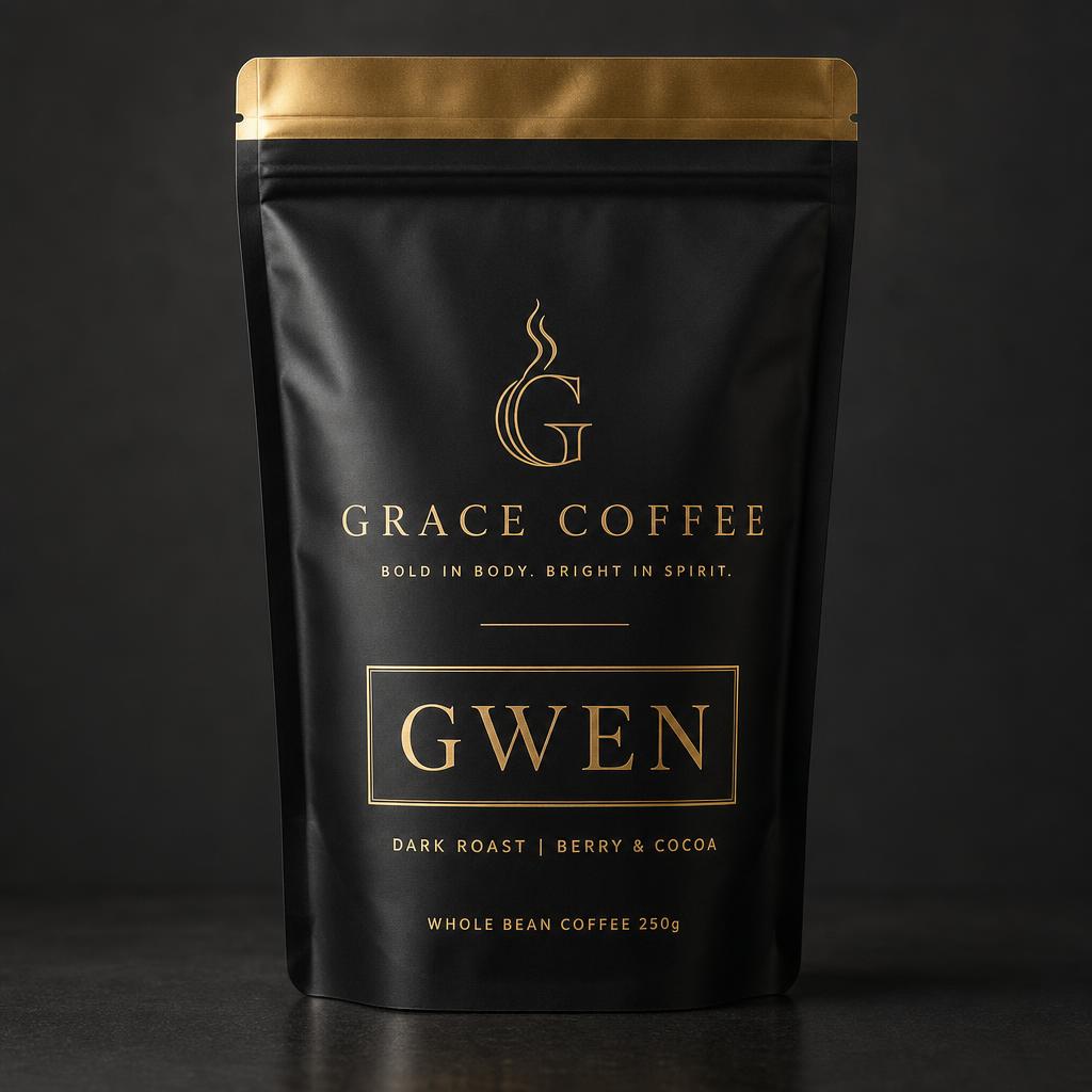 Grace Coffee matte black bag with gold foil label