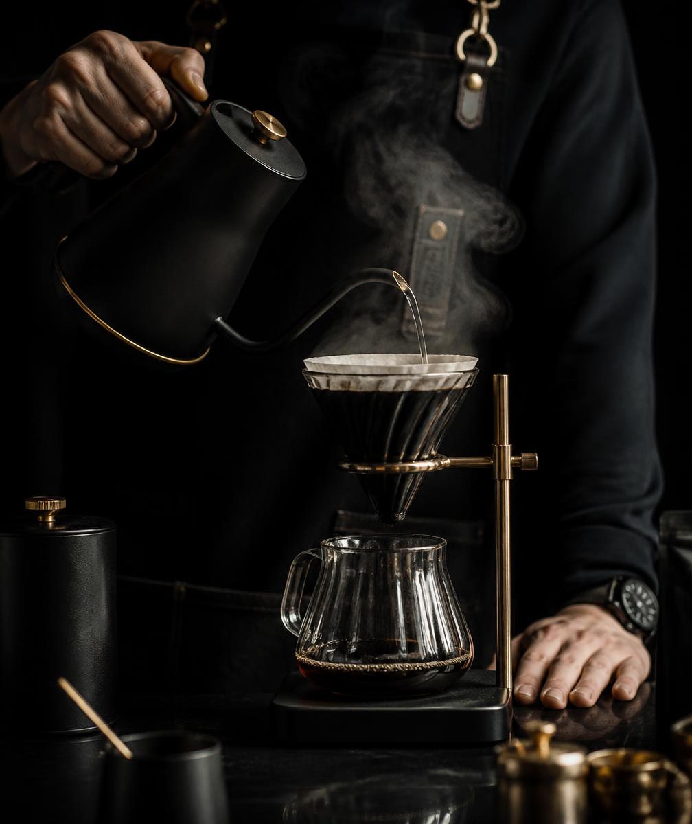 Barista pouring hot water over a coffee dripper
